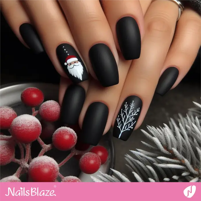 Black Nails with Santa Accent Nail Design | Christmas Nails - NB1681